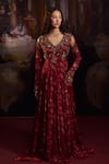 Buy_Falsa_Red Silk, Chiffon Embroidery V-neck Printed Anarkali And Dupatta Set _Online_at_Aza_Fashions