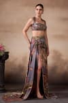 Shop_Falsa_Gray Silk Satin Sequins, Beads Square Neck Printed Side Slit Skirt And Blouse Set _at_Aza_Fashions