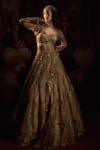 Shop_Falsa_Gold Lace, Net Embroidery, Beads Asymmetric, Open Hand Jacket And Lehenga Set _Online_at_Aza_Fashions