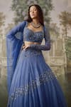 Buy_Falsa_Blue Silk Organza Embroidery, Sequins Sweetheart Neck Hand Lehenga Set _at_Aza_Fashions