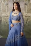 Shop_Falsa_Blue Silk Organza Embroidery, Sequins Sweetheart Neck Hand Lehenga Set _Online_at_Aza_Fashions