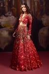 Buy_Falsa_Red Silk, Crepe Beads, Embroidery, Sequins V-neck Hand Lehenga With Blouse _Online_at_Aza_Fashions
