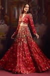 Buy_Falsa_Red Silk, Crepe Beads, Embroidery, Sequins V-neck Hand Lehenga With Blouse 