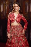 Falsa_Red Silk, Crepe Beads, Embroidery, Sequins V-neck Hand Lehenga With Blouse _Online