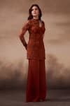 Buy_Falsa_Orange Chantelle, Silk, Crepe Beads, Hand Embroidered Tunic With Flared Pant _at_Aza_Fashions