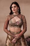 Falsa_Brown Silk, Chiffon Beads, Embroidery Keyhole Neck, Printed Lehenga And Blouse Set _at_Aza_Fashions