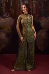 Buy_Falsa_Green Silk, Lace Embroidery Asymmetric Printed Tunic With Pant _at_Aza_Fashions