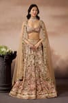 Shop_Falsa_Peach Silk, Tissue Embroidery, Sequins Round Neck Hand Lehenga Set _Online_at_Aza_Fashions
