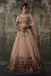 Falsa_Peach Silk, Chiffon Embroidery Round Neck Hand Lehenga Set _at_Aza_Fashions