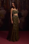 Shop_Falsa_Green Silk Organza Sequins, Beads, Embroidery Sweetheart Neck Lehenga Set _at_Aza_Fashions
