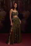 Shop_Falsa_Green Silk Organza Sequins, Beads, Embroidery Sweetheart Neck Lehenga Set _Online_at_Aza_Fashions