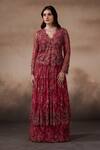 Shop_Falsa_Red Chantelle Embroidery Sweetheart Neck Jacket And Lehenga Set _at_Aza_Fashions
