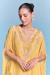 Shop_Kalista_Yellow Organza, Viscose Beads, Tassels V-neck Clarissa Kaftan Set _Online_at_Aza_Fashions