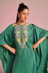 Kalista Emerald Green Viscose Embroidery Round Neck Lana Kaftan Set Online at Aza Fashions Kalista_Emerald Green Viscose Embroidery Round Neck Lana Kaftan Set _Online_at_Aza_Fashions