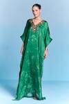 Kalista_Emerald Green Viscose, Satin Embroidery V-neck Saba Kaftan _Online_at_Aza_Fashions