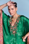 Kalista_Emerald Green Viscose, Satin Embroidery V-neck Saba Kaftan _at_Aza_Fashions