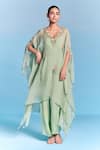 Buy_Kalista_Green Organza, Viscose Tassels, Embroidery V-neck Leisa Kaftan Set _at_Aza_Fashions