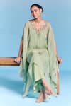 Kalista_Green Organza, Viscose Tassels, Embroidery V-neck Leisa Kaftan Set _Online_at_Aza_Fashions