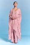 Buy_Kalista_Pink Organza, Viscose Embroidery, Sequins V-neck Leisa Kaftan Set _at_Aza_Fashions