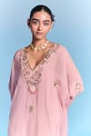 Shop_Kalista_Pink Organza, Viscose Embroidery, Sequins V-neck Leisa Kaftan Set _Online_at_Aza_Fashions