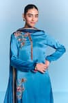 Kalista_Blue Viscose, Satin, Silk Embroidery Round Neck Jeni Kurta Set _Online_at_Aza_Fashions