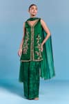 Buy_Kalista_Emerald Green Viscose, Satin, Silk Embroidery V-neck Helen Kurta Set _at_Aza_Fashions