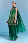 Shop_Kalista_Emerald Green Viscose, Satin, Silk Embroidery V-neck Helen Kurta Set _Online_at_Aza_Fashions
