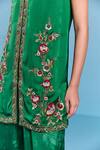 Kalista_Emerald Green Viscose, Satin, Silk Embroidery V-neck Helen Kurta Set _at_Aza_Fashions