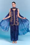 Buy_Kalista_Blue Viscose, Satin, Silk Embroidery Split V-neck Helen Kurta Set _at_Aza_Fashions
