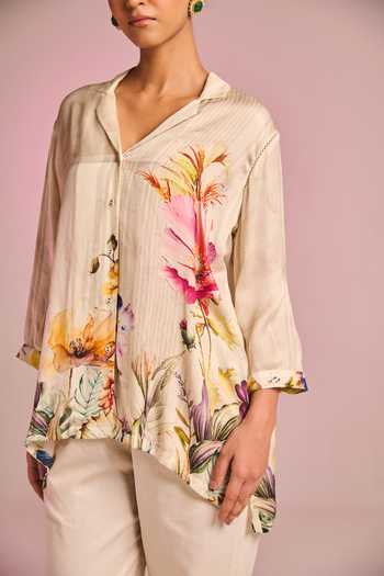 Kalista_Cream Satin, Viscose Embroidery Collared Florin Pant Set _Online_at_Aza_Fashions