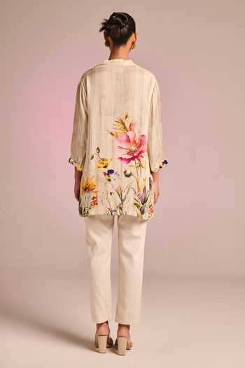 Shop_Kalista_Cream Satin, Viscose Embroidery Collared Florin Pant Set _at_Aza_Fashions