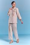 Buy_Kalista_Beige Cotton, Linen Embroidery Collared Esha Pant Set _at_Aza_Fashions