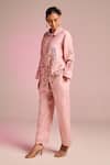 Kalista_Pink Cotton, Linen Embroidery Collared Lyra Pant Set _Online_at_Aza_Fashions