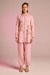 Buy_Kalista_Pink Cotton, Linen Embroidery, Sequins Collared Lisa Pant Set _at_Aza_Fashions