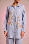 Buy_Kalista_Blue Cotton, Linen Embroidery Collared Lisa Shirt And Pant Set _Online_at_Aza_Fashions