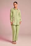 Buy_Kalista_Green Cotton, Linen Embroidery Collared Olivia Pant Set _at_Aza_Fashions
