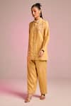 Shop_Kalista_Yellow Cotton, Linen Embroidery Collared Olivia Pant Set _at_Aza_Fashions