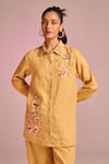 Kalista_Yellow Cotton, Linen Embroidery Collared Olivia Pant Set _Online_at_Aza_Fashions