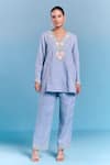 Buy_Kalista_Blue Cotton, Linen Embroidery V-neck Nora Tunic And Pant Set _at_Aza_Fashions