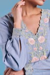 Kalista_Blue Cotton, Linen Embroidery V-neck Nora Tunic And Pant Set _at_Aza_Fashions