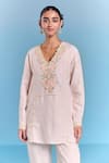 Buy_Kalista_Off White Cotton, Linen Embroidery V-neck Nora Tunic And Pant Set _at_Aza_Fashions