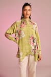 Buy_Kalista_Green Satin Embroidery Collared Kylie Shirt _at_Aza_Fashions