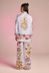 Shop_Kalista_Blue Satin Embroidery Collared Flora Shirt _at_Aza_Fashions