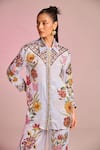 Buy_Kalista_Blue Satin Embroidery Collared Flora Shirt _at_Aza_Fashions