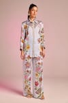 Kalista_Blue Satin Embroidery Collared Flora Shirt _Online_at_Aza_Fashions