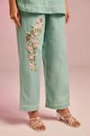 Kalista_Green Cotton, Linen Embroidery Collared Esha Shirt _Online_at_Aza_Fashions