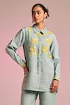 Buy_Kalista_Blue Cotton, Linen Embroidery Collared Elaina Shirt _at_Aza_Fashions