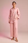 Kalista_Pink Cotton, Linen Embroidery Collared Lyra Shirt _Online_at_Aza_Fashions