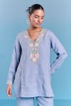 Kalista_Blue Cotton, Linen Embroidery V-neck Nora Tunic _Online_at_Aza_Fashions