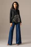 Buy_Namrata Joshipura_Black Modal, Linen Embroidery Collared Rosette Full Sleeve Shirt _Online_at_Aza_Fashions